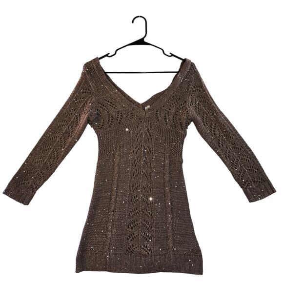Studio Y2K Style Sequin Tan Pullover V-Neck Sweater Size M - Picture 1 of 7